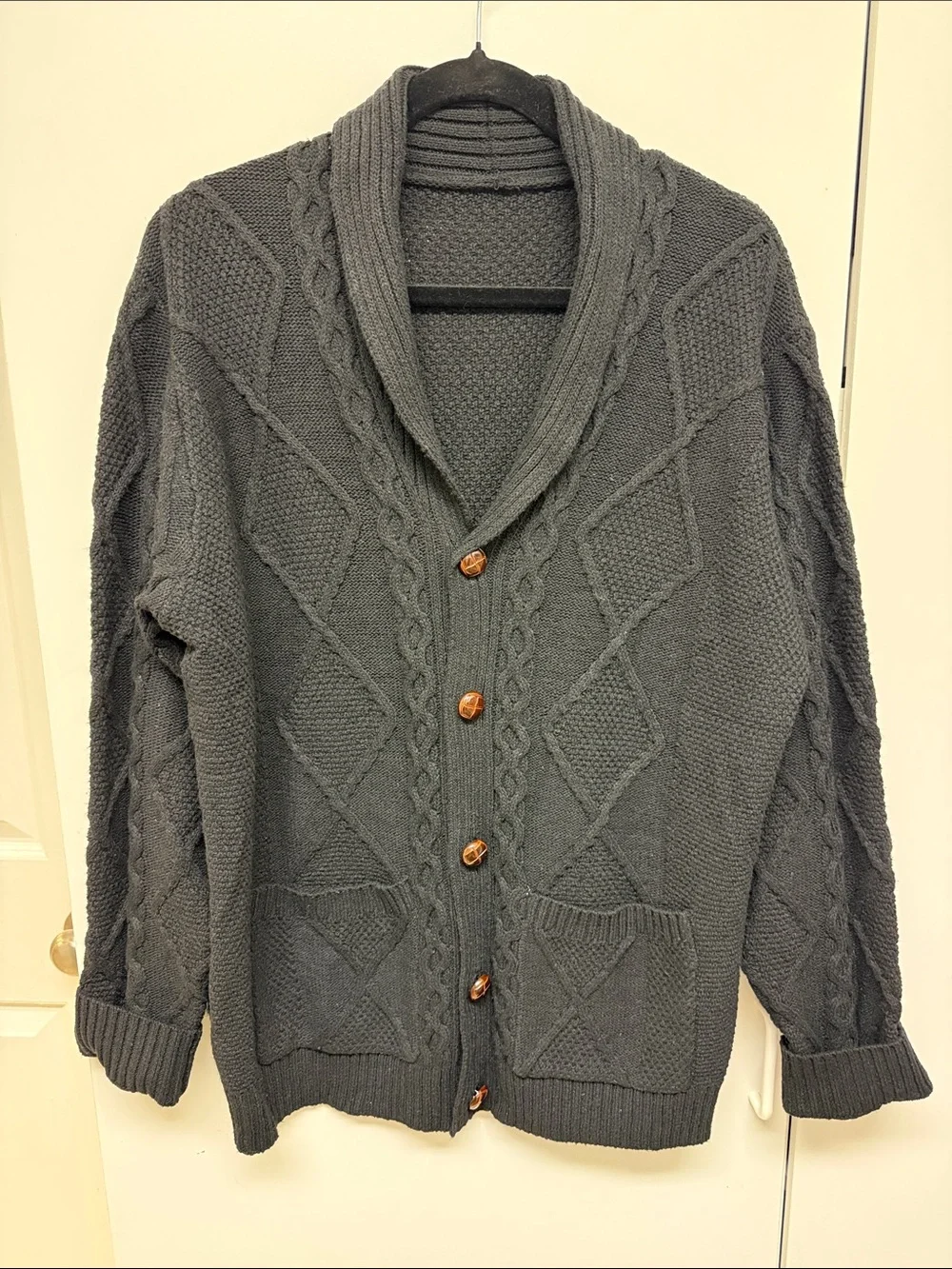Men's Shawl Collar Cable Knit Cardigan - Dark Gray